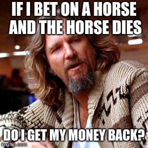 Confused Lebowski | IF I BET ON A HORSE AND THE HORSE DIES; DO I GET MY MONEY BACK? | image tagged in memes,confused lebowski | made w/ Imgflip meme maker