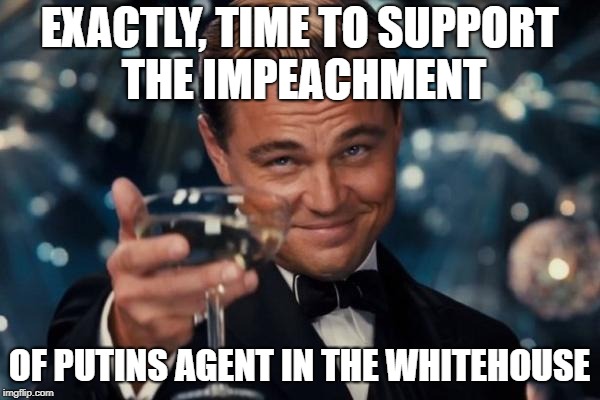 Leonardo Dicaprio Cheers Meme | EXACTLY, TIME TO SUPPORT THE IMPEACHMENT OF PUTINS AGENT IN THE WHITEHOUSE | image tagged in memes,leonardo dicaprio cheers | made w/ Imgflip meme maker