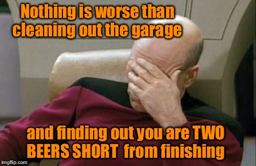 Two beers short of a full case | Nothing is worse than cleaning out the garage; and finding out you are TWO BEERS SHORT  from finishing | image tagged in memes,captain picard facepalm | made w/ Imgflip meme maker
