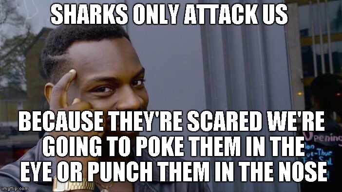 self defense | SHARKS ONLY ATTACK US; BECAUSE THEY'RE SCARED WE'RE GOING TO POKE THEM IN THE EYE OR PUNCH THEM IN THE NOSE | image tagged in memes,roll safe think about it | made w/ Imgflip meme maker