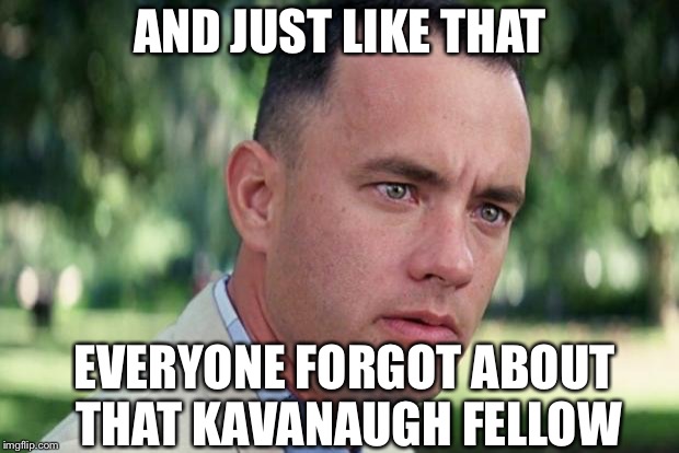 Squirrel! | AND JUST LIKE THAT; EVERYONE FORGOT ABOUT THAT KAVANAUGH FELLOW | image tagged in forrest gump,liberals,mainstream media,politics,supreme court | made w/ Imgflip meme maker