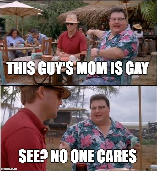 See Nobody Cares | THIS GUY'S MOM IS GAY; SEE? NO ONE CARES | image tagged in memes,see nobody cares | made w/ Imgflip meme maker