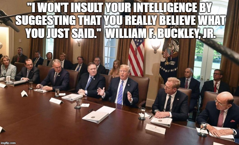 Trump Lies | "I WON'T INSULT YOUR INTELLIGENCE BY SUGGESTING THAT YOU REALLY BELIEVE WHAT YOU JUST SAID."  WILLIAM F. BUCKLEY, JR. | image tagged in political meme | made w/ Imgflip meme maker