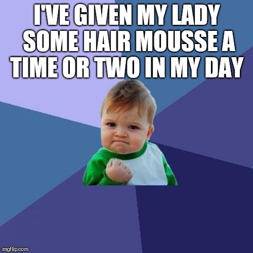 Success Kid Meme | I'VE GIVEN MY LADY SOME HAIR MOUSSE A TIME OR TWO IN MY DAY | image tagged in memes,success kid | made w/ Imgflip meme maker