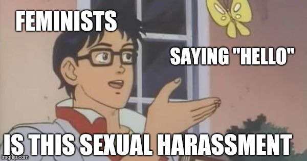 Is This a Pigeon | FEMINISTS; SAYING "HELLO"; IS THIS SEXUAL HARASSMENT | image tagged in is this a pigeon | made w/ Imgflip meme maker