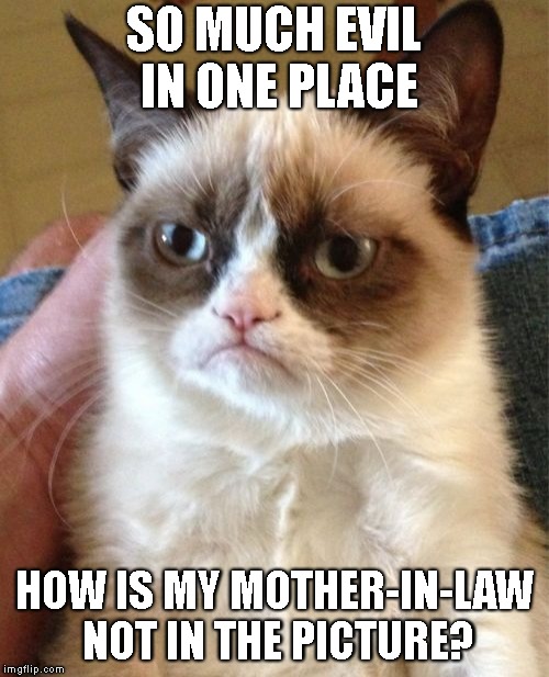 Grumpy Cat Meme | SO MUCH EVIL IN ONE PLACE HOW IS MY MOTHER-IN-LAW NOT IN THE PICTURE? | image tagged in memes,grumpy cat | made w/ Imgflip meme maker