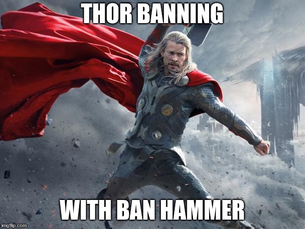 thor1 | THOR BANNING; WITH BAN HAMMER | image tagged in thor1 | made w/ Imgflip meme maker