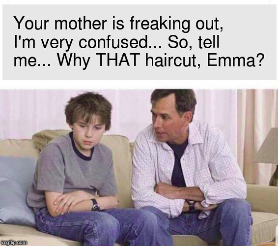 Hinted Sexuality | Your mother is freaking out, I'm very confused... So, tell me... Why THAT haircut, Emma? | image tagged in sexuality,teen | made w/ Imgflip meme maker