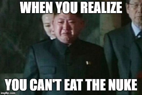 Kim Jong Un Sad Meme | WHEN YOU REALIZE; YOU CAN'T EAT THE NUKE | image tagged in memes,kim jong un sad | made w/ Imgflip meme maker
