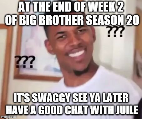 Swaggy P Confused | AT THE END OF WEEK 2 OF BIG BROTHER SEASON 20; IT'S SWAGGY SEE YA LATER HAVE A GOOD CHAT WITH JUILE | image tagged in swaggy p confused | made w/ Imgflip meme maker