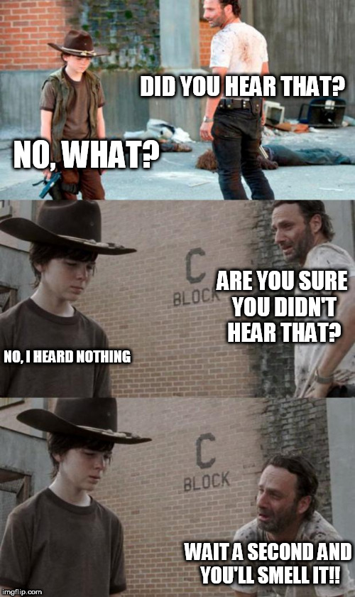 Rick and Carl 3 | DID YOU HEAR THAT? NO, WHAT? ARE YOU SURE YOU DIDN'T HEAR THAT? NO, I HEARD NOTHING; WAIT A SECOND AND YOU'LL SMELL IT!! | image tagged in memes,rick and carl 3 | made w/ Imgflip meme maker