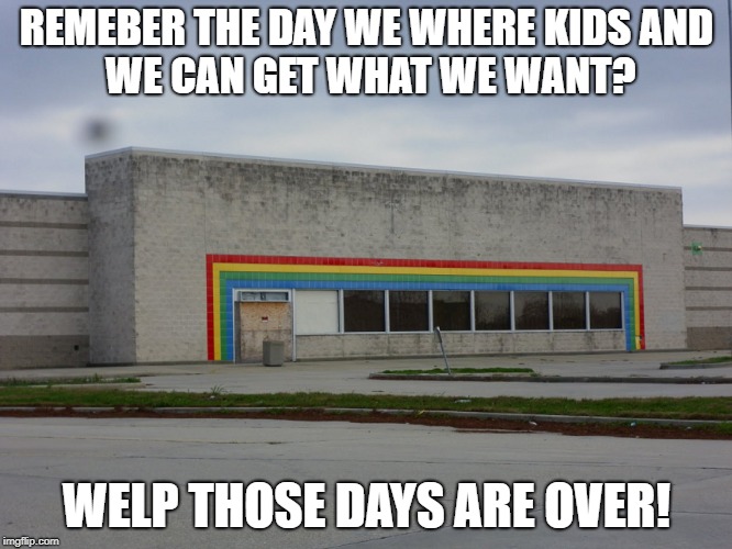 REMEBER THE DAY WE WHERE KIDS
AND WE CAN GET WHAT WE WANT? WELP THOSE DAYS ARE OVER! | image tagged in toys r us | made w/ Imgflip meme maker