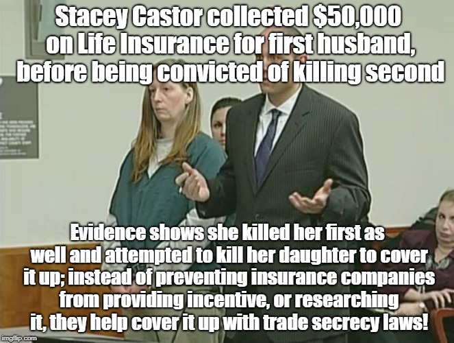 Black Widows Collecting Life Insurance  | Stacey Castor collected $50,000 on Life Insurance for first husband, before being convicted of killing second; Evidence shows she killed her first as well and attempted to kill her daughter to cover it up; instead of preventing insurance companies from providing incentive, or researching it, they help cover it up with trade secrecy laws! | image tagged in life insurance,stacy castor,fraud,murder,incentive to kill | made w/ Imgflip meme maker