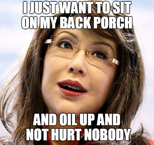 Lifelike robot wife | I JUST WANT TO SIT ON MY BACK PORCH; AND OIL UP AND NOT HURT NOBODY | image tagged in lifelike robot wife | made w/ Imgflip meme maker