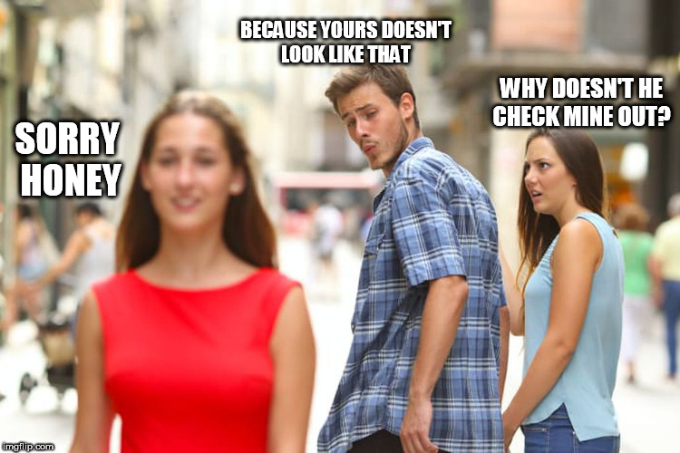 I look  because hers is  SWEEET!   | BECAUSE YOURS DOESN'T LOOK LIKE THAT; WHY DOESN'T HE CHECK MINE OUT? SORRY HONEY | image tagged in memes,distracted boyfriend,because  pow | made w/ Imgflip meme maker