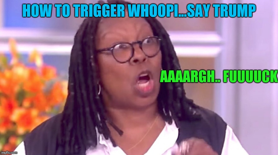 Deranged Whoopi | HOW TO TRIGGER WHOOPI...SAY TRUMP; AAAARGH.. FUUUUCK | image tagged in deranged whoopi | made w/ Imgflip meme maker