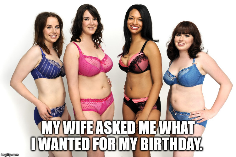 sexy woman | MY WIFE ASKED ME WHAT I WANTED FOR MY BIRTHDAY. | image tagged in sexy woman | made w/ Imgflip meme maker