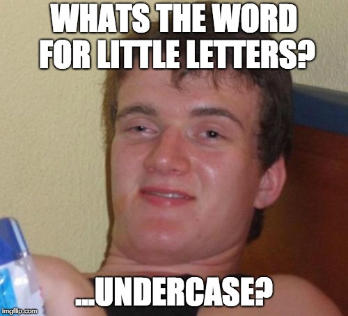 10 Guy Meme | WHATS THE WORD FOR LITTLE LETTERS? ...UNDERCASE? | image tagged in memes,10 guy,AdviceAnimals | made w/ Imgflip meme maker