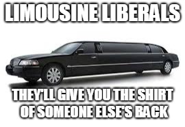 Limousine | LIMOUSINE LIBERALS; THEY'LL GIVE YOU THE SHIRT OF SOMEONE ELSE'S BACK | image tagged in limousine | made w/ Imgflip meme maker