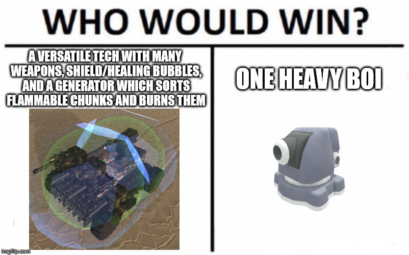 Who Would Win? Meme | A VERSATILE TECH WITH MANY WEAPONS, SHIELD/HEALING BUBBLES, AND A GENERATOR WHICH SORTS FLAMMABLE CHUNKS AND BURNS THEM; ONE HEAVY BOI | image tagged in memes,who would win | made w/ Imgflip meme maker