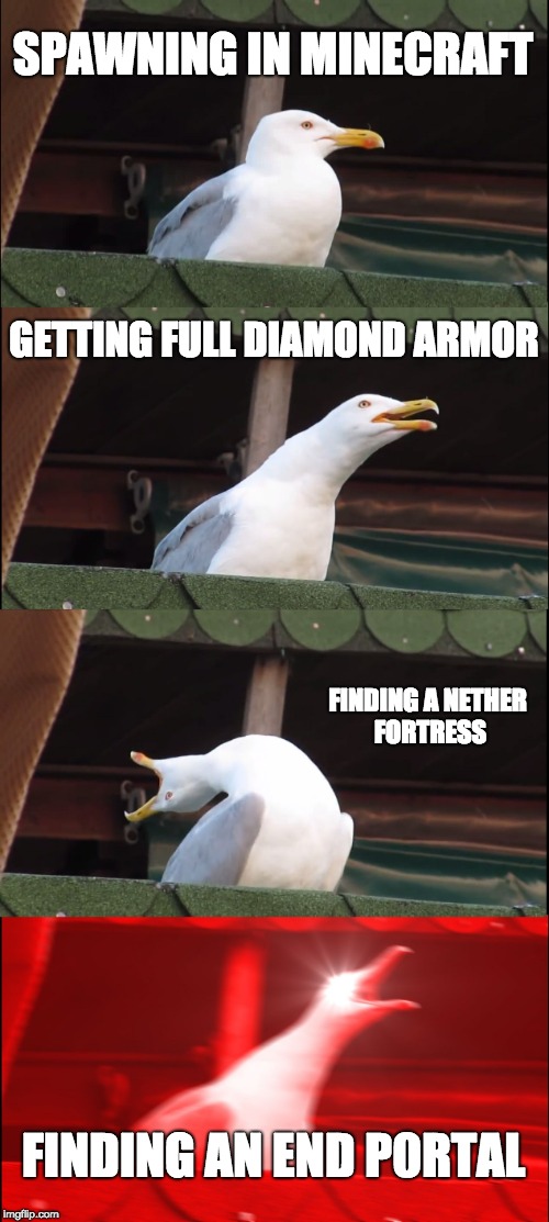 Inhaling Seagull Meme | SPAWNING IN MINECRAFT; GETTING FULL DIAMOND ARMOR; FINDING A NETHER FORTRESS; FINDING AN END P0RTAL | image tagged in memes,inhaling seagull | made w/ Imgflip meme maker