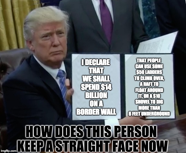 Trump Bill Signing Meme | I DECLARE THAT WE SHALL SPEND $14 BILLION ON A BORDER WALL; THAT PEOPLE CAN USE SOME $50 LADDERS TO CLIMB OVER, A RAFT TO FLOAT AROUND IT, OR A $10 SHOVEL TO DIG MORE THAN 6 FEET UNDERGROUND; HOW DOES THIS PERSON KEEP A STRAIGHT FACE NOW | image tagged in memes,trump bill signing | made w/ Imgflip meme maker
