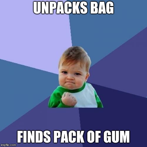 Success Kid | UNPACKS BAG; FINDS PACK OF GUM | image tagged in memes,success kid | made w/ Imgflip meme maker