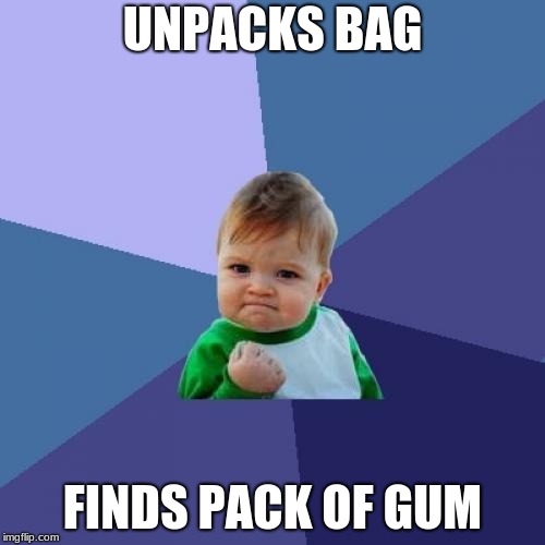 Success Kid Meme | UNPACKS BAG; FINDS PACK OF GUM | image tagged in memes,success kid | made w/ Imgflip meme maker