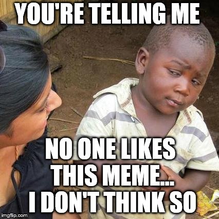 Third World Skeptical Kid Meme | YOU'RE TELLING ME; NO ONE LIKES THIS MEME... I DON'T THINK SO | image tagged in memes,third world skeptical kid | made w/ Imgflip meme maker