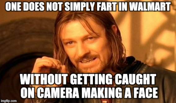 One Does Not Simply Meme | ONE DOES NOT SIMPLY FART IN WALMART WITHOUT GETTING CAUGHT ON CAMERA MAKING A FACE | image tagged in memes,one does not simply | made w/ Imgflip meme maker