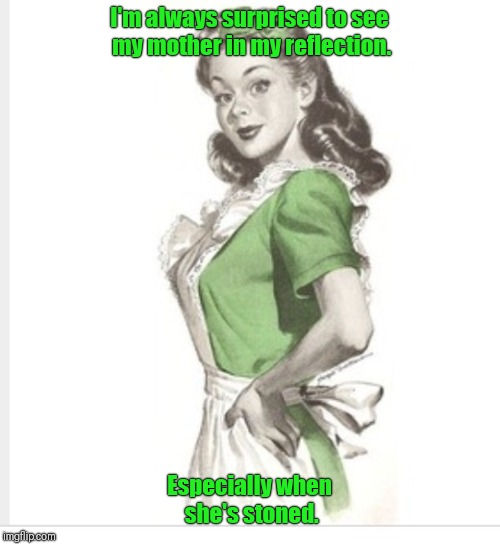 50's housewife | I'm always surprised to see my mother in my reflection. Especially when she's stoned. | image tagged in 50's housewife | made w/ Imgflip meme maker