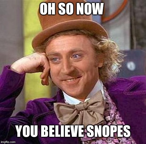 Creepy Condescending Wonka Meme | OH SO NOW YOU BELIEVE SNOPES | image tagged in memes,creepy condescending wonka | made w/ Imgflip meme maker