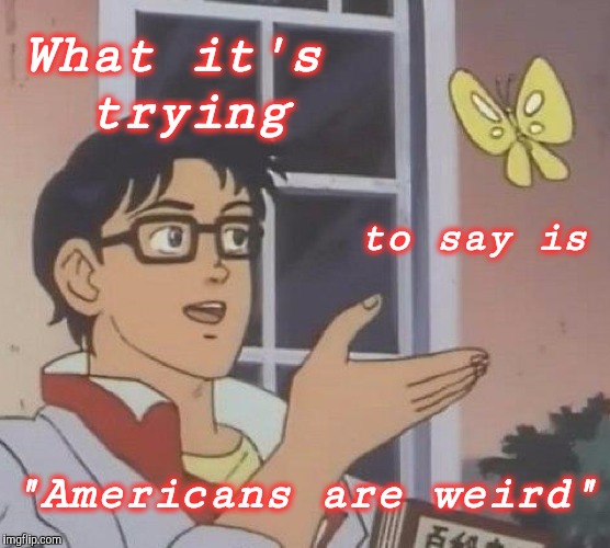 What it's trying to say is "Americans are weird" | image tagged in memes,is this a pigeon | made w/ Imgflip meme maker