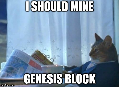 I Should Buy A Boat Cat | I SHOULD MINE; GENESIS BLOCK | image tagged in memes,i should buy a boat cat | made w/ Imgflip meme maker
