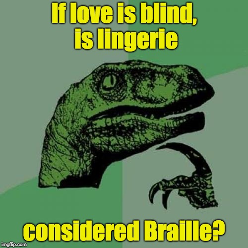 Philosoraptor Meme | If love is blind, is lingerie; considered Braille? | image tagged in memes,philosoraptor | made w/ Imgflip meme maker