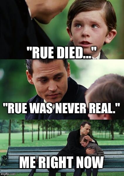 Finding Neverland Meme | "RUE DIED..."; "RUE WAS NEVER REAL."; ME RIGHT NOW | image tagged in memes,finding neverland | made w/ Imgflip meme maker