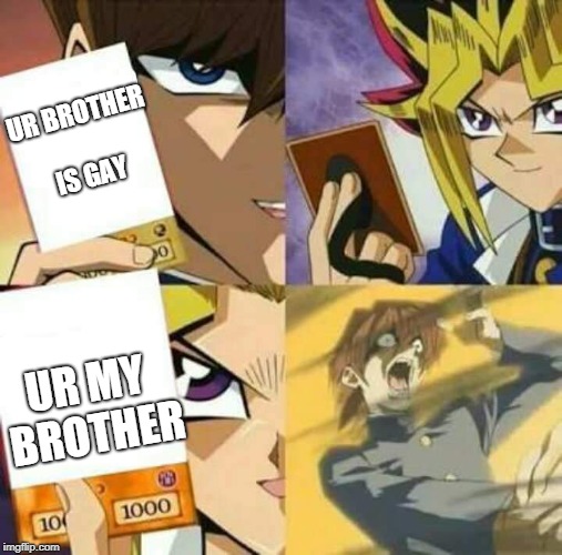 Yu Gi Oh | UR BROTHER IS GAY; UR MY BROTHER | image tagged in yu gi oh | made w/ Imgflip meme maker