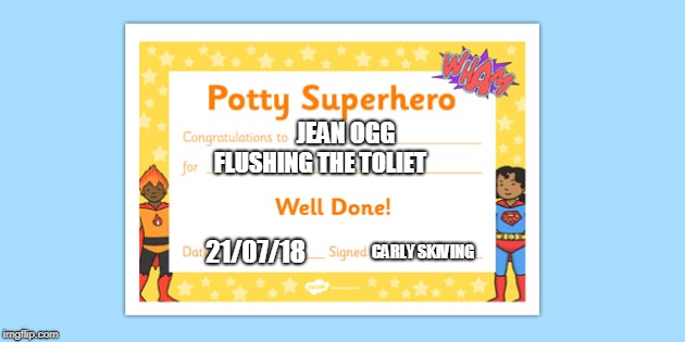JEAN OGG; FLUSHING THE TOLIET; 21/07/18; CARLY SKIVING | image tagged in potty_ | made w/ Imgflip meme maker