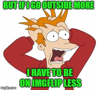 Fry Freaking Out | BUT IF I GO OUTSIDE MORE I HAVE TO BE ON IMGFLIP LESS | image tagged in fry freaking out | made w/ Imgflip meme maker