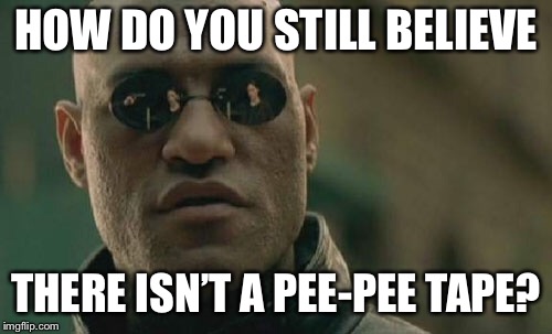Matrix Morpheus | HOW DO YOU STILL BELIEVE; THERE ISN’T A PEE-PEE TAPE? | image tagged in memes,matrix morpheus | made w/ Imgflip meme maker