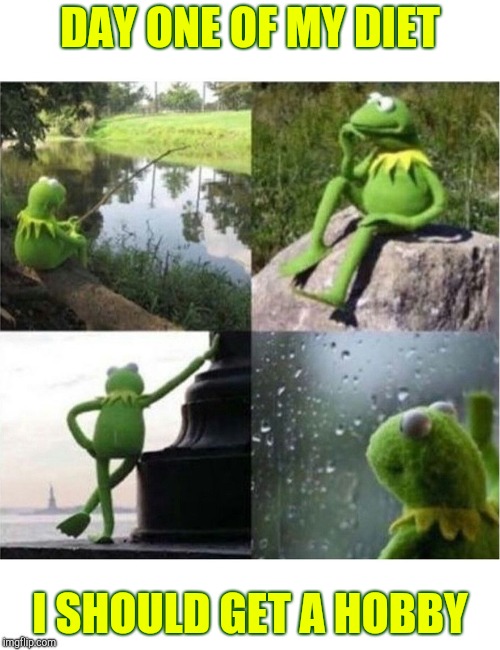 Bored Kermit | DAY ONE OF MY DIET; I SHOULD GET A HOBBY | image tagged in blank kermit waiting,dieting | made w/ Imgflip meme maker