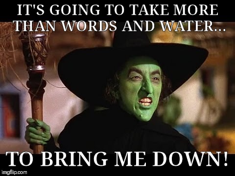  IT'S GOING TO TAKE MORE THAN WORDS AND WATER... TO BRING ME DOWN! | image tagged in wicked witch of the west | made w/ Imgflip meme maker