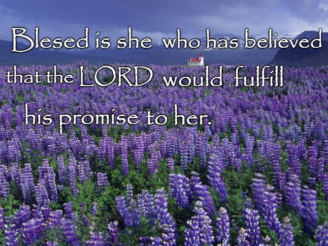 Luke 1:45 Blessed Is She Who Believes The Lord Would Fulfill His Promise To Her | who has believed; Blesed is she; that the LORD; would  fulfill; to her. his promise | image tagged in bible,holy bible,holy spirit,bible verse,verse,god | made w/ Imgflip meme maker