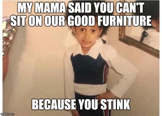 Young Cardi B | MY MAMA SAID YOU CAN'T SIT ON OUR GOOD FURNITURE; BECAUSE YOU STINK | image tagged in young cardi b | made w/ Imgflip meme maker