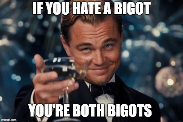 Hate Won't Stop Hate........You Idiots
 | IF YOU HATE A BIGOT; YOU'RE BOTH BIGOTS | image tagged in memes,leonardo dicaprio cheers,bigot,bigotry,bigots,libtards | made w/ Imgflip meme maker