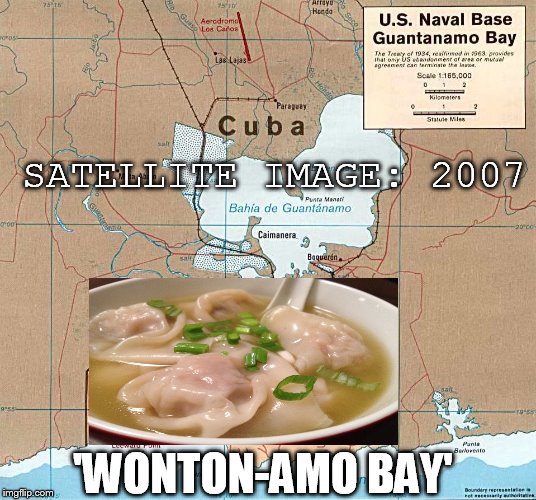 Wontonamo Bay | SATELLITE IMAGE: 2007; 'WONTON-AMO BAY' | image tagged in food | made w/ Imgflip meme maker