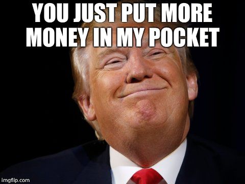 Smug Trump | YOU JUST PUT MORE MONEY IN MY POCKET | image tagged in smug trump | made w/ Imgflip meme maker