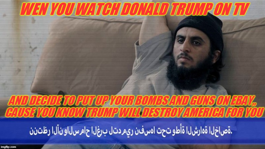trump | WEN YOU WATCH DONALD TRUMP ON TV; AND DECIDE TO PUT UP YOUR BOMBS AND GUNS ON EBAY,, CAUSE YOU KNOW TRUMP WILL DESTROY AMERICA FOR YOU | image tagged in first world problems | made w/ Imgflip meme maker