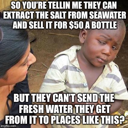 Third World Skeptical Kid Meme | SO YOU’RE TELLIN ME THEY CAN EXTRACT THE SALT FROM SEAWATER AND SELL IT FOR $50 A BOTTLE; BUT THEY CAN’T SEND THE FRESH WATER THEY GET FROM IT TO PLACES LIKE THIS? | image tagged in memes,third world skeptical kid | made w/ Imgflip meme maker