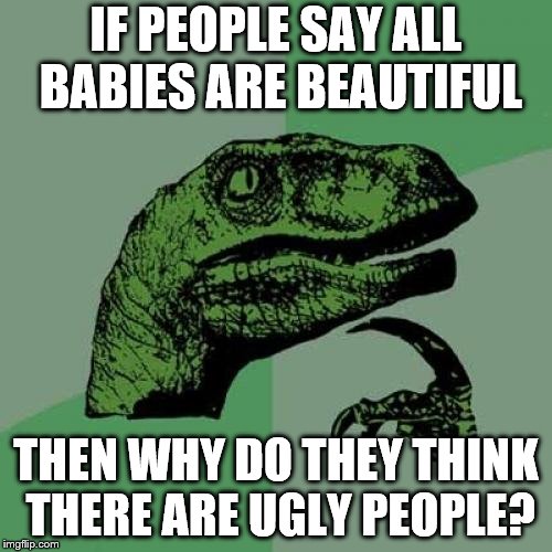 Philosoraptor Meme | IF PEOPLE SAY ALL BABIES ARE BEAUTIFUL; THEN WHY DO THEY THINK THERE ARE UGLY PEOPLE? | image tagged in memes,philosoraptor | made w/ Imgflip meme maker